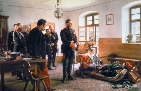 Kronprinz Friedrich Wilhelm beim gefallenen französischen General Douay nach der Schlacht von Weissenburg (Anton von Werner)
